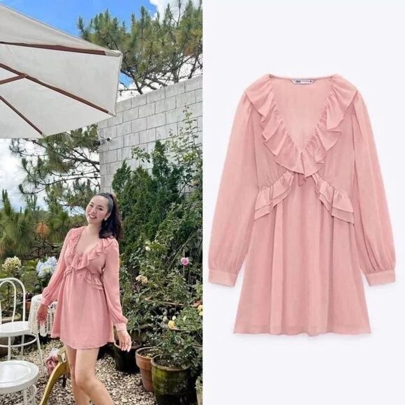 Zara blogger favorite short ruffled pink chiffon dress - Picture 1 of 9